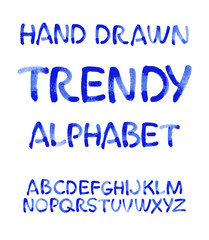 Watercolor hand written blue alphabet. Vector watercolor.