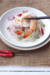 Spicy vermicelli salad with prawn, Thai food