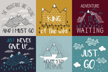 Vector illustration with mountain peaks end graphic elements. The mountains are calling and i must go. Motivational and inspirational typography posters set with quote - 97712373