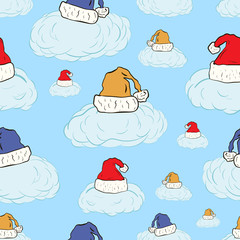 Seamless clouds in Christmas caps