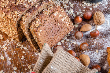at the bakery, still life with bread, nuts and flour