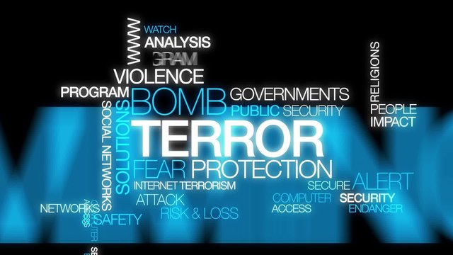 Terror and Fear protection cyber communication impact on war against terrorism versus social networks violence safety bomb violence alert program words tag cloud text animation