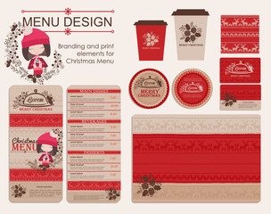 Branding and print elements for Christmas menu. Template for branding identity restaurant or cafe. Set of menu, business cards, labels. Bright design concept in red and beige.