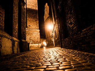 Illuminated cobbled street in old city by night