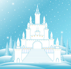 Fototapeta premium Vector snow queen's castle with frozen staircase and icy towers in frozen winter forest. Vector Christmas background