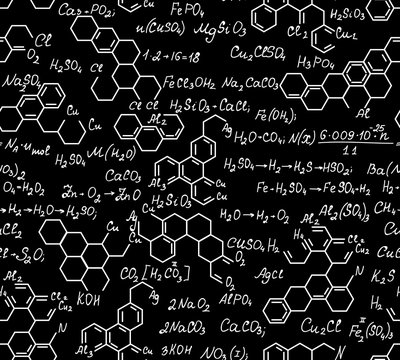 Scientific vector endless texture with chemical formulas, equations, task solutions. You can use any color of background
