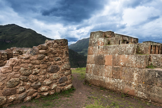 Inca masonry detail of walls at Pisac, in the Sacred Valley, Peru