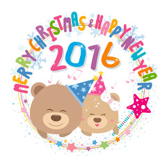 Couple teddy bear with merry christmas and happy new year 2016
