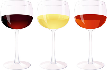 Three isolated glass of wine on a white background.