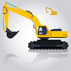 Yellow big digger builds roads gigging of hole ground works digging of sand coal waste rock and gravel illustration for internet banner poster or icon flatten isolated illustration master vector