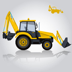 Obraz na płótnie Canvas Yellow big digger builds roads gigging of hole ground works digging of sand coal waste rock and gravel illustration for internet banner poster or icon flatten isolated illustration master vector