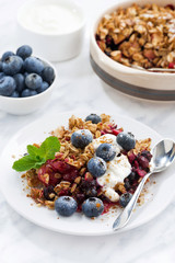 berry crumble with oat flakes and blueberries for breakfast