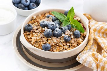 berry crumble with oatmeal in a ceramic form, closeup
