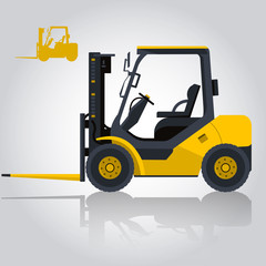 Yellow fork lift loader. Nice isolated vector. Carry of sand, coal, waste rock and gravel. Golden illustration for internet banner poster or icon. Truck Digger Crane Small Bagge