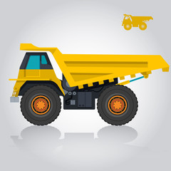 Yellow big truck builds roads. Digging of sand, coal, waste rock and gravel. Golden illustration for banner or icon. Construction and equipment element. Truck Digger Crane, Small Mix Roller Extravator