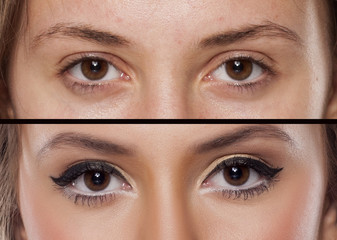Comparison portrait of a woman without and with makeup