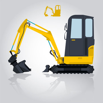 Yellow small digger builds roads, loads building material. Bagger digging of sand coal waste rock and gravel. Golden illustration for banner or icon. Digger Crane Small Bagger Mix Roller Extravator