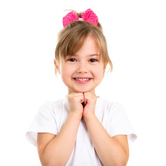 Portrait of a beautiful smiling little girl on a white background