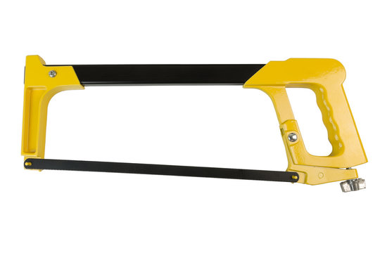 Yellow black hacksaw isolated on a white background. Tools series.