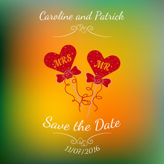 Vector wedding hearts MR and MRS on a stick over colorful blurred background. 