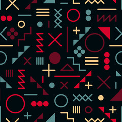 Vector Seamless Retro 80's  Jumble Geometric Line Shapes Pink Blue Color Hipster Pattern on Black Background