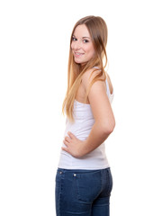 Attractive young woman. All on white background.