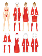 Doll with clothes. Body template. Set of template paper christmas suit. Pretty brunette girl in christmas costume isolated on white. Red coat with fur collar. Christmas cap
