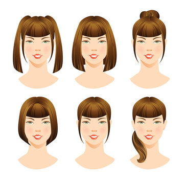 illustrations of beautiful brunette girls with various hair styles. Different hairstyles with bangs. 