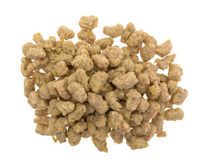 Portion of crumbled Italian sausage on white background