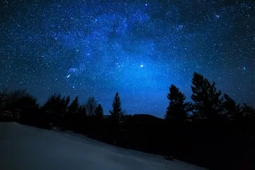 Zelfklevend Fotobehang Milky Way in sky full of stars. Winter mountain landscape in night. © Maxim Khytra