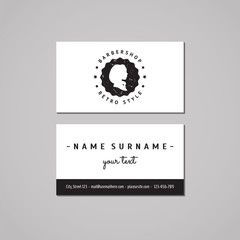 Fototapeta na wymiar Barbershop business card design concept. Barbershop logo-badge with long hair woman profile and stars. Vintage, hipster and retro style. Black and white. Hair salon business card.