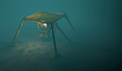 Underwater oil and gas equipment protected by a steel cage structure. Fictitious protection structure, oil and gas equipment. Murky water to emphasize depth and blurred image for dramatic effect.