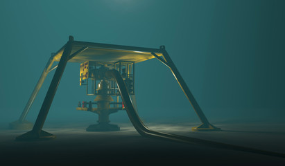 Underwater oil and gas equipment protected by a steel cage structure. Fictitious protection structure, oil and gas equipment. Murky water to emphasize depth and blurred image for dramatic effect.