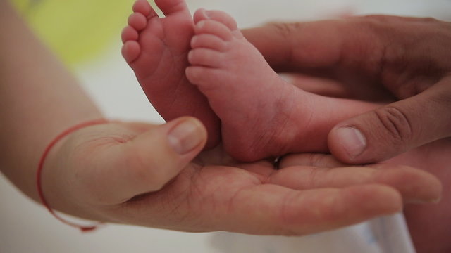 feet newborn baby in the hands of parents