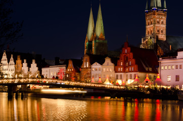 .Lübeck, Christmas mood at the obertrave with churches st.marie