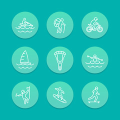 extreme outdoor activities line aquamarine icons, vector illustration