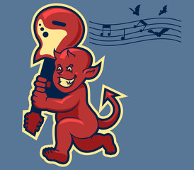 Fototapeta na wymiar Red Devil Boy Swingin Guitar In Retro Color
