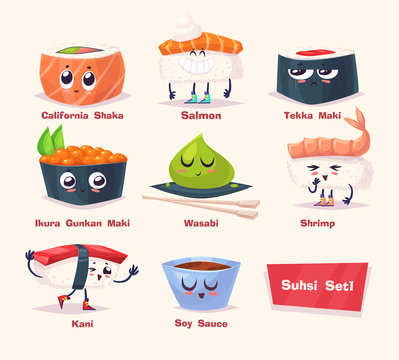 Sushi set. Soy sauce and sushi roll. Japanese food. Vector cartoon