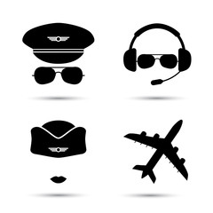 Stewardess, pilot, airplane vector icons
