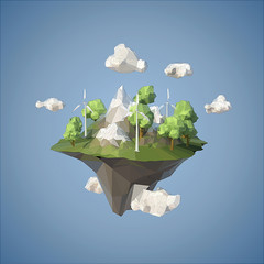 Island floating in the sky with wind turbine and trees, low poly style. - 97726789