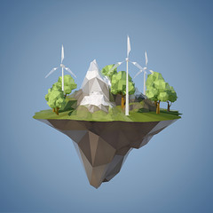 Fototapeta Ecology concept with low poly island with windmills trees, mountains and grass obraz