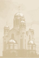 Vector background with church at engraving style