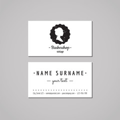 Fototapeta premium Barbershop business card design concept. Barbershop logo-badge with hair bun woman profile. Vintage, hipster and retro style. Black and white. Hair salon business card.