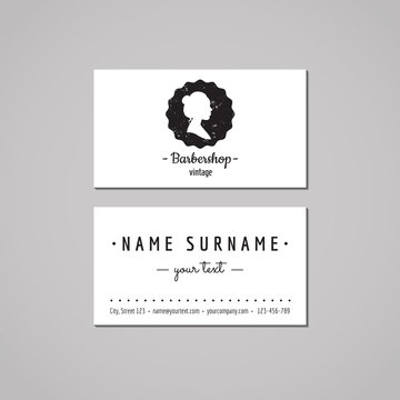 Barbershop business card design concept. Barbershop logo-badge with hair bun woman profile. Vintage, hipster and retro style. Black and white. Hair salon business card.