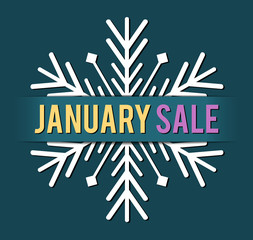 vector banner for january sales, seasonal illustration with text January Sale, with snowflake and dark cyan background