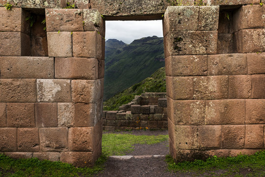 Inca masonry detail of wall and door at Pisac, in the Sacred Valley, Peru