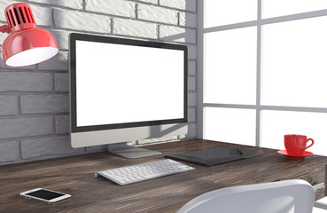 Fototapeta premium 3D illustration PC screen on table in office, Workspace
