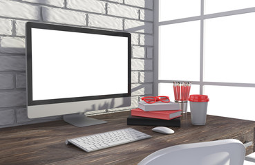 Fototapeta premium 3D illustration PC screen on table in office, Workspace