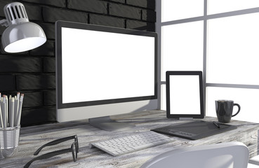 Fototapeta premium 3D illustration PC screen on table in office, Workspace