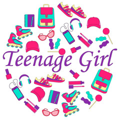 Clothing and accessories for teenage girls. Round poster. Vector illustration